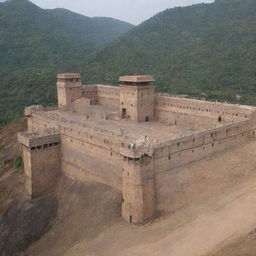 A large, intimidating prison worth 10000 crore with imposing walls, watchtowers, and high-security features