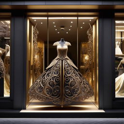 Revise storefront design: incorporate forged iron in elegant shapes, dimensions 11x11x1.9 meters, color palette white, black, gold, strong yellow lighting, with an intricate wedding dress design on signage.