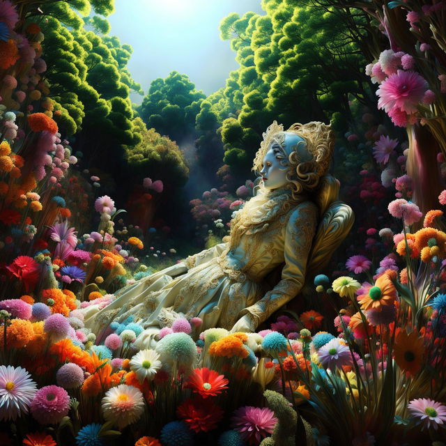 Hyper-realistic 3D photograph of a rococo spirit in an eerie, misty, mythical meadow filled with vibrant flowers, exuding fantasy vibes.