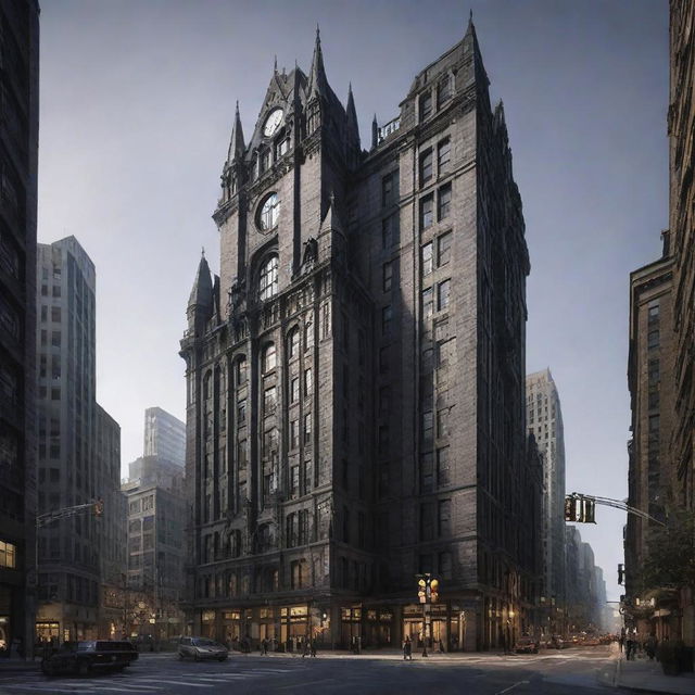 Gotham city with Joker-themed elements incorporated into the architecture and overall design.