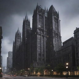 Gotham city with Joker-themed elements incorporated into the architecture and overall design.