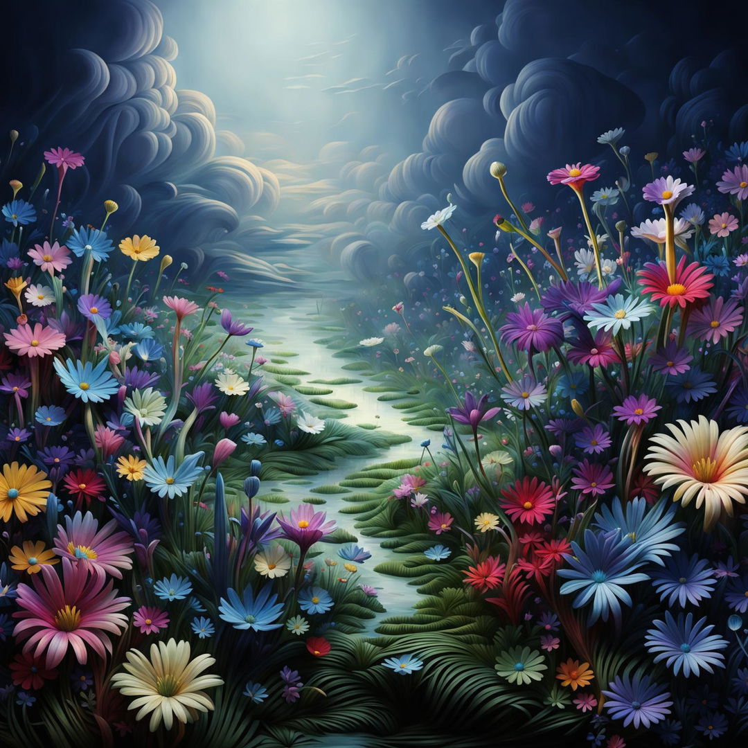 A hyper-realistic 3D image of a Rococo-inspired mythical meadow shrouded in eerie mist with vibrant coloured flowers.