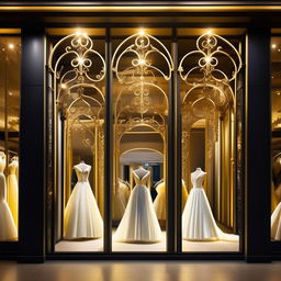 Elegant wedding dress storefront, 11 meters wide, 1.9 meters tall, with sophisticated forged iron accents in white, black, and gold colors, enhanced by strong, clear yellow lighting.