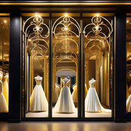 Elegant wedding dress storefront, 11 meters wide, 1.9 meters tall, with sophisticated forged iron accents in white, black, and gold colors, enhanced by strong, clear yellow lighting.