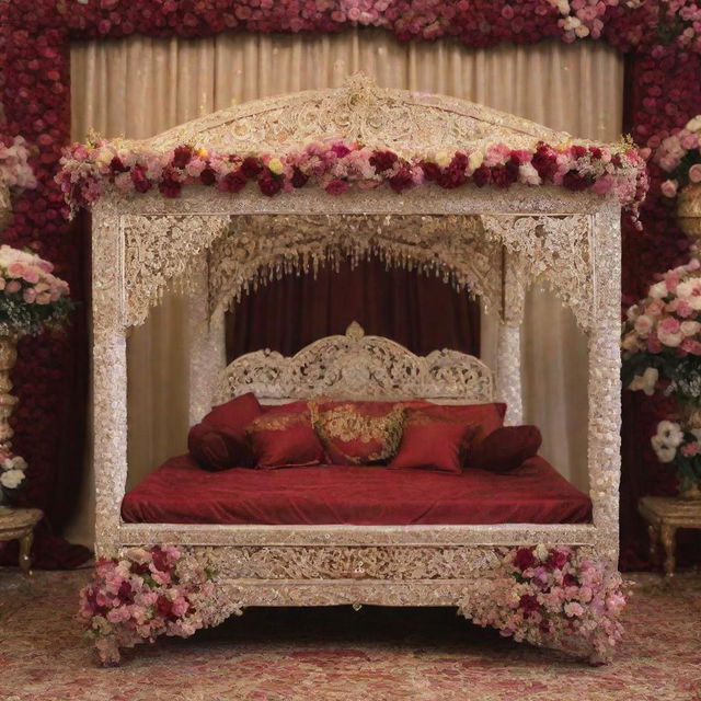 The name 'Subhan' elegantly embossed on a beautifully decorated wedding palanquin, garnished with flowers, lights, and glitter.