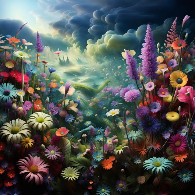 A high-definition, hyper-realistic 3D photograph of a Rococo-inspired mythical meadow enveloped in eerie mist with vibrant coloured flowers.