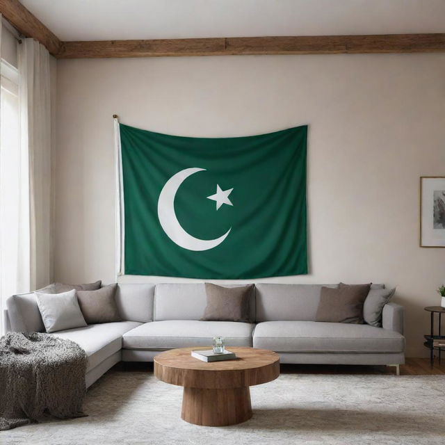 A beautifully presented Pakistani flag proudly hung in a cozy, well-lit living room with modern decor.