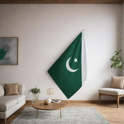 A beautifully presented Pakistani flag proudly hung in a cozy, well-lit living room with modern decor.