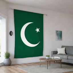 A beautifully presented Pakistani flag proudly hung in a cozy, well-lit living room with modern decor.