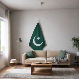 A beautifully presented Pakistani flag proudly hung in a cozy, well-lit living room with modern decor.