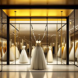 Elegant wedding dress storefront, 11 meters wide, 1.9 meters tall, with sophisticated forged iron accents in white, black, and gold colors, enhanced by strong, clear yellow lighting.