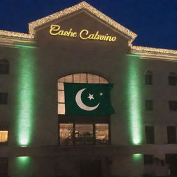 A beautifully lit casino with the Pakistani flag prominently featured.