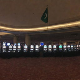 A beautifully lit casino with the Pakistani flag prominently featured.