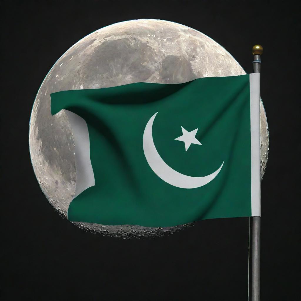 A vivid and bright Pakistani flag, detailed with green and white colors, proudly fluttering on the surface of the glowing moon.