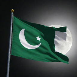 A vivid and bright Pakistani flag, detailed with green and white colors, proudly fluttering on the surface of the glowing moon.