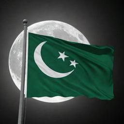 A vivid and bright Pakistani flag, detailed with green and white colors, proudly fluttering on the surface of the glowing moon.