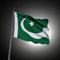 A vivid and bright Pakistani flag, detailed with green and white colors, proudly fluttering on the surface of the glowing moon.