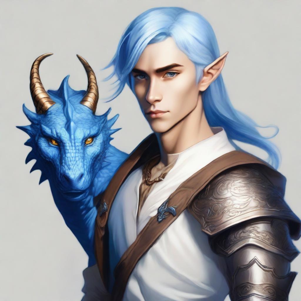 This is a digital art image of a young male half-elf with medium-length blue hair