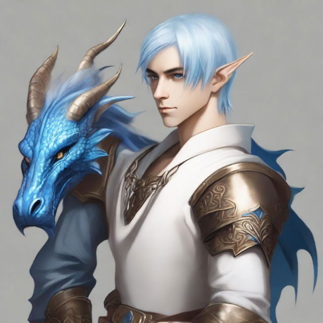 This is a digital art image of a young male half-elf with medium-length blue hair