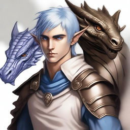 This is a digital art image of a young male half-elf with medium-length blue hair