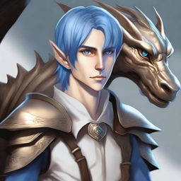 This is a digital art image of a young male half-elf with medium-length blue hair