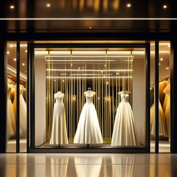 Elegant wedding dress storefront, 11 meters wide, 1.9 meters tall, with sophisticated forged iron accents in white, black, and gold colors, enhanced by strong, clear yellow lighting.