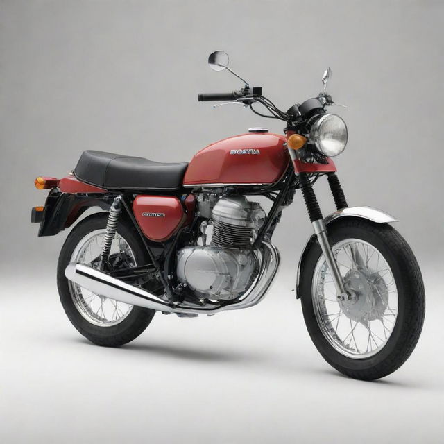 Generate an image of a pristine Honda CD70 motorcycle, accurately capturing its distinctive features such as its retro-inspired design, glossy paint, and slender build.