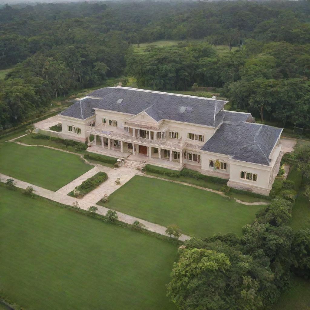 An opulent private 9000cr farmhouse, showcasing luxury and architectural grandeur, nestled amidst lush green landscapes.