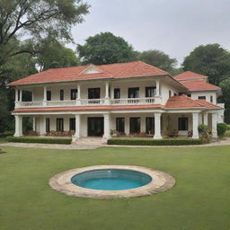 An opulent private 9000cr farmhouse, showcasing luxury and architectural grandeur, nestled amidst lush green landscapes.