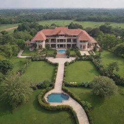 An opulent private 9000cr farmhouse, showcasing luxury and architectural grandeur, nestled amidst lush green landscapes.