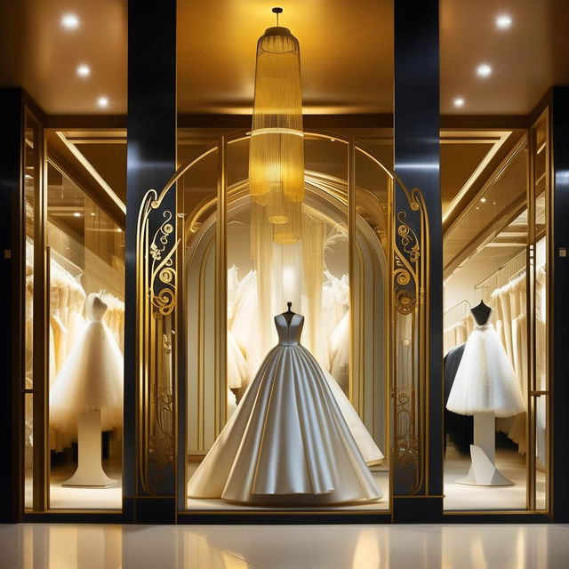 Elegant wedding dress storefront, 11 meters wide, 1.9 meters tall, with sophisticated forged iron accents in white, black, and gold colors, enhanced by strong, clear yellow lighting.