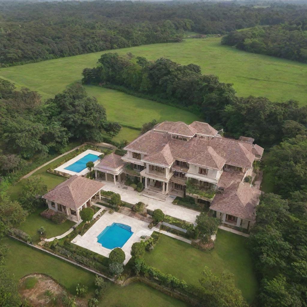 An opulent private 9000cr farmhouse, showcasing luxury and architectural grandeur, nestled amidst lush green landscapes.