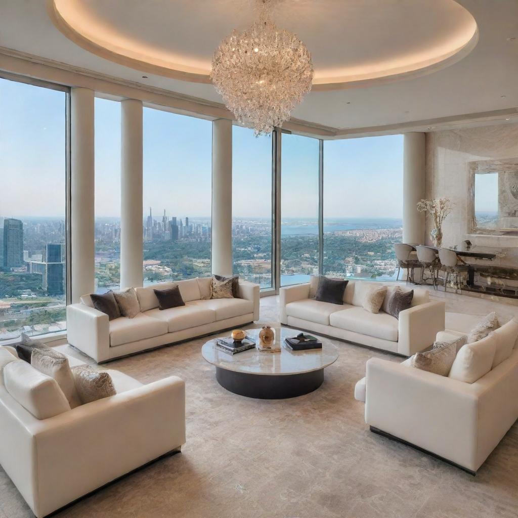 Ultra-luxurious private penthouse with the worth of 90,000,000 credits, decked out with high-end furniture, exclusive artwork, and breathtaking panoramic views.