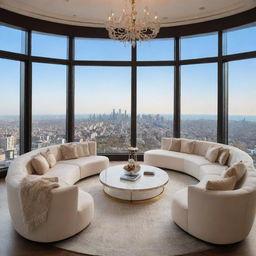 Ultra-luxurious private penthouse with the worth of 90,000,000 credits, decked out with high-end furniture, exclusive artwork, and breathtaking panoramic views.