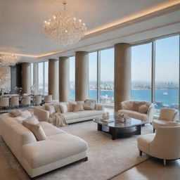 Ultra-luxurious private penthouse with the worth of 90,000,000 credits, decked out with high-end furniture, exclusive artwork, and breathtaking panoramic views.