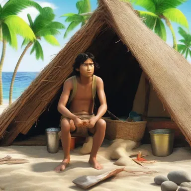 The protagonist in the film found himself stranded on a deserted island, where he managed to survive rent-free by catching fish and building a shelter.