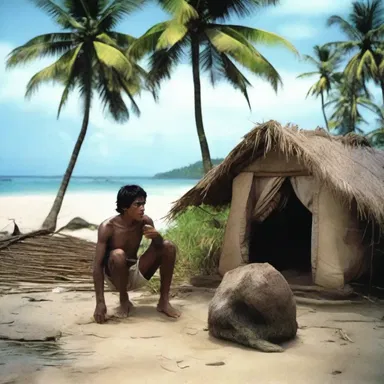 The protagonist in the film found himself stranded on a deserted island, where he managed to survive rent-free by catching fish and building a shelter.
