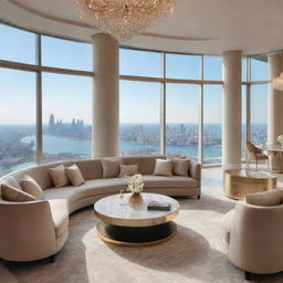 Ultra-luxurious private penthouse with the worth of 90,000,000 credits, decked out with high-end furniture, exclusive artwork, and breathtaking panoramic views.