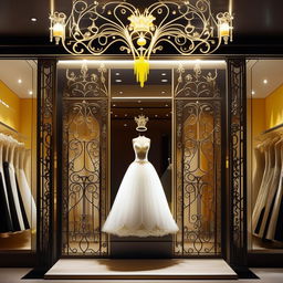 Storefront for 'Elegant Vows', a wedding dress shop, 11 meters wide, 1.9 meters tall, with ornate forged iron decorations. Predominant colors white, black, gold, illuminated by vivid yellow lighting, featuring a stylish wedding dress design on the sign.