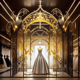 Storefront for 'Elegant Vows', a wedding dress shop, 11 meters wide, 1.9 meters tall, with ornate forged iron decorations. Predominant colors white, black, gold, illuminated by vivid yellow lighting, featuring a stylish wedding dress design on the sign.