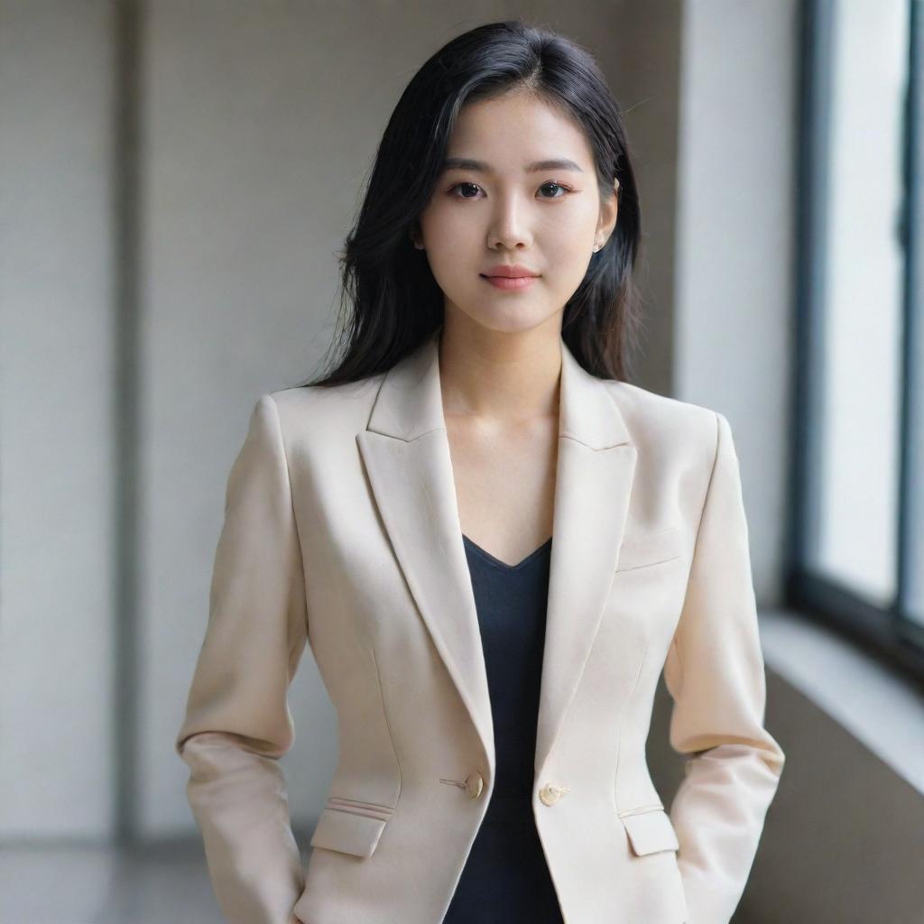 A stunning 27-year-old Korean entrepreneur with black hair, elegantly dressed in a formal jacket.