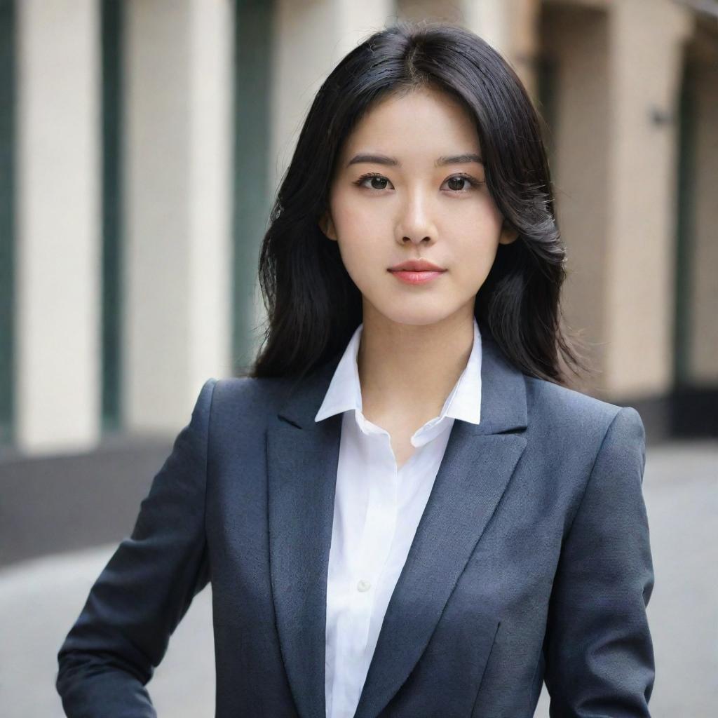 A stunning 27-year-old Korean entrepreneur with black hair, elegantly dressed in a formal jacket.