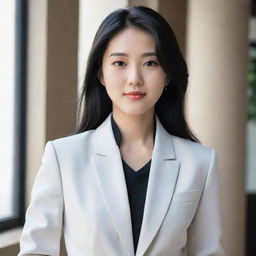 A stunning 27-year-old Korean entrepreneur with black hair, elegantly dressed in a formal jacket.