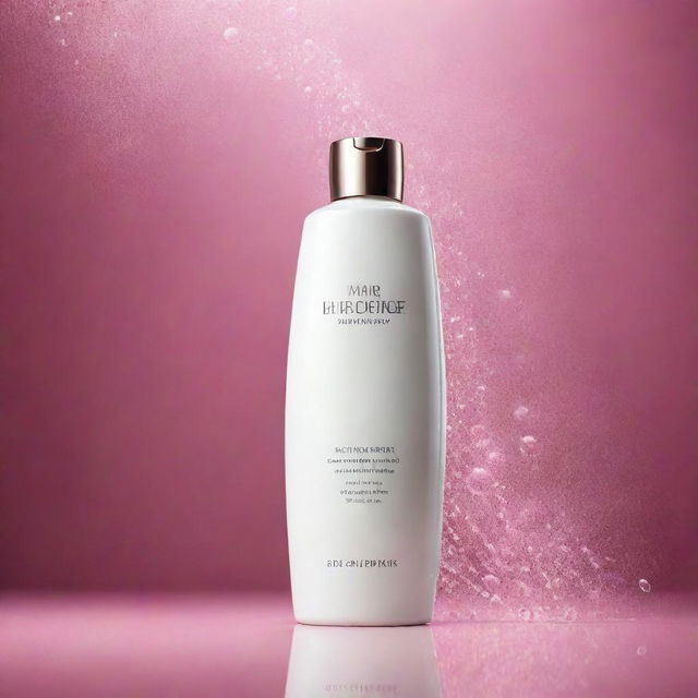 A luxurious hair shampoo ad background featuring a sleek bottle, vibrant bubbles, silky strands of hair, and a sparkling clean background.