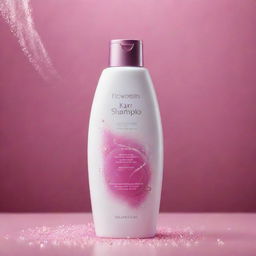 A luxurious hair shampoo ad background featuring a sleek bottle, vibrant bubbles, silky strands of hair, and a sparkling clean background.