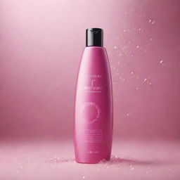 A luxurious hair shampoo ad background featuring a sleek bottle, vibrant bubbles, silky strands of hair, and a sparkling clean background.