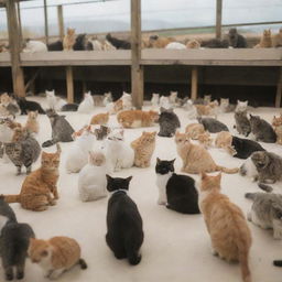 An expansive cat farm populated with thousands of various cats in a serene, playful environment.