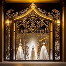 Storefront for 'Elegant Vows', a wedding dress shop, 11 meters wide, 1.9 meters tall, with ornate forged iron decorations. Predominant colors white, black, gold, illuminated by vivid yellow lighting, featuring a stylish wedding dress design on the sign.