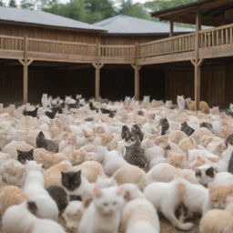 An expansive cat farm populated with thousands of various cats in a serene, playful environment.