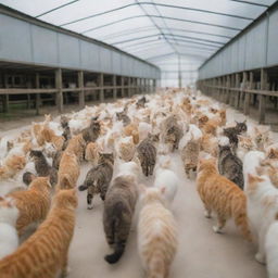 An expansive cat farm populated with thousands of various cats in a serene, playful environment.